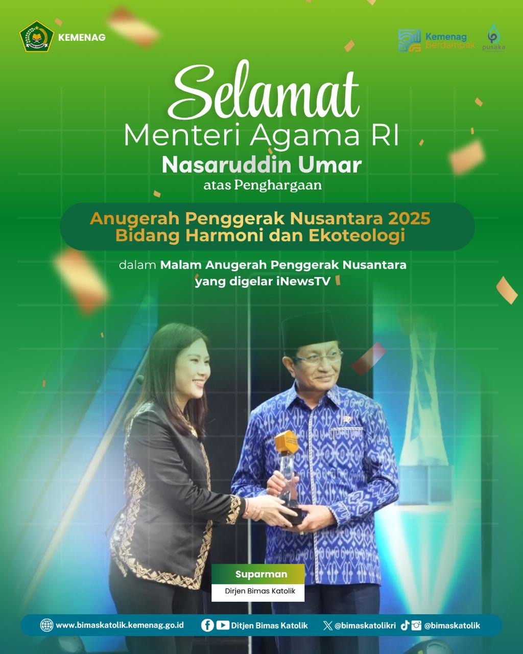 Selamat Menag Dapat Anugerah Penggerak Nusantara 2025 Bidang Harmoni dan Ekoteologi