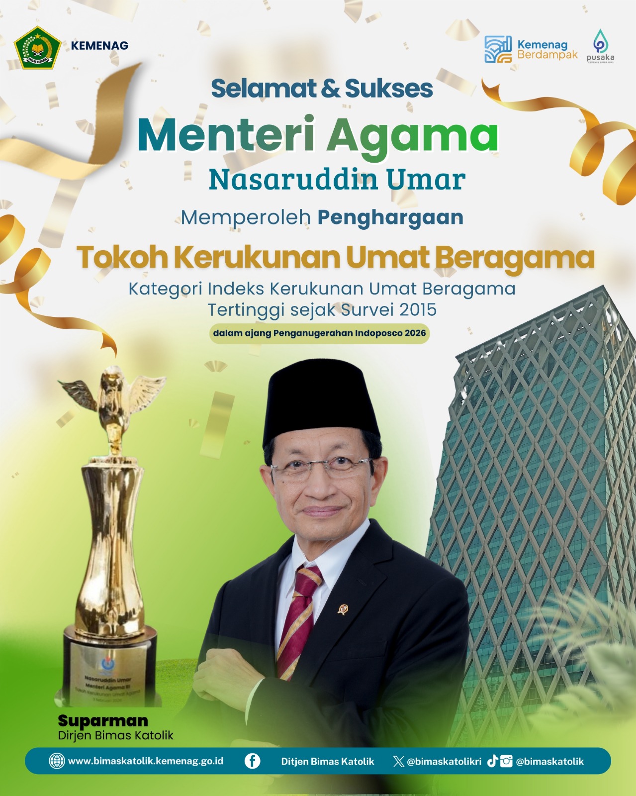 Selamat & Sukses Menteri Agama RI, Nasaruddin Umar Memperoleh Penghargaan Tokoh Kerukunan Umat Beragama Kategori Indeks Kerukunan Umat Beragama Tertinggi sejak Survei 2015 dalam ajang Penganugerahan Indoposco 2026